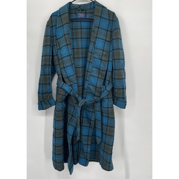 pendleton gown coat mens Size Large‎ blue Plaid belted - Picture 1 of 13
